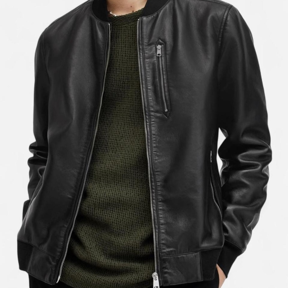 All Saints Black Leather Bomber Jacket